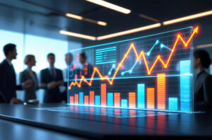 Holographic Financial Charts Displaying Market Trends in a High-Tech Corporate Environment.